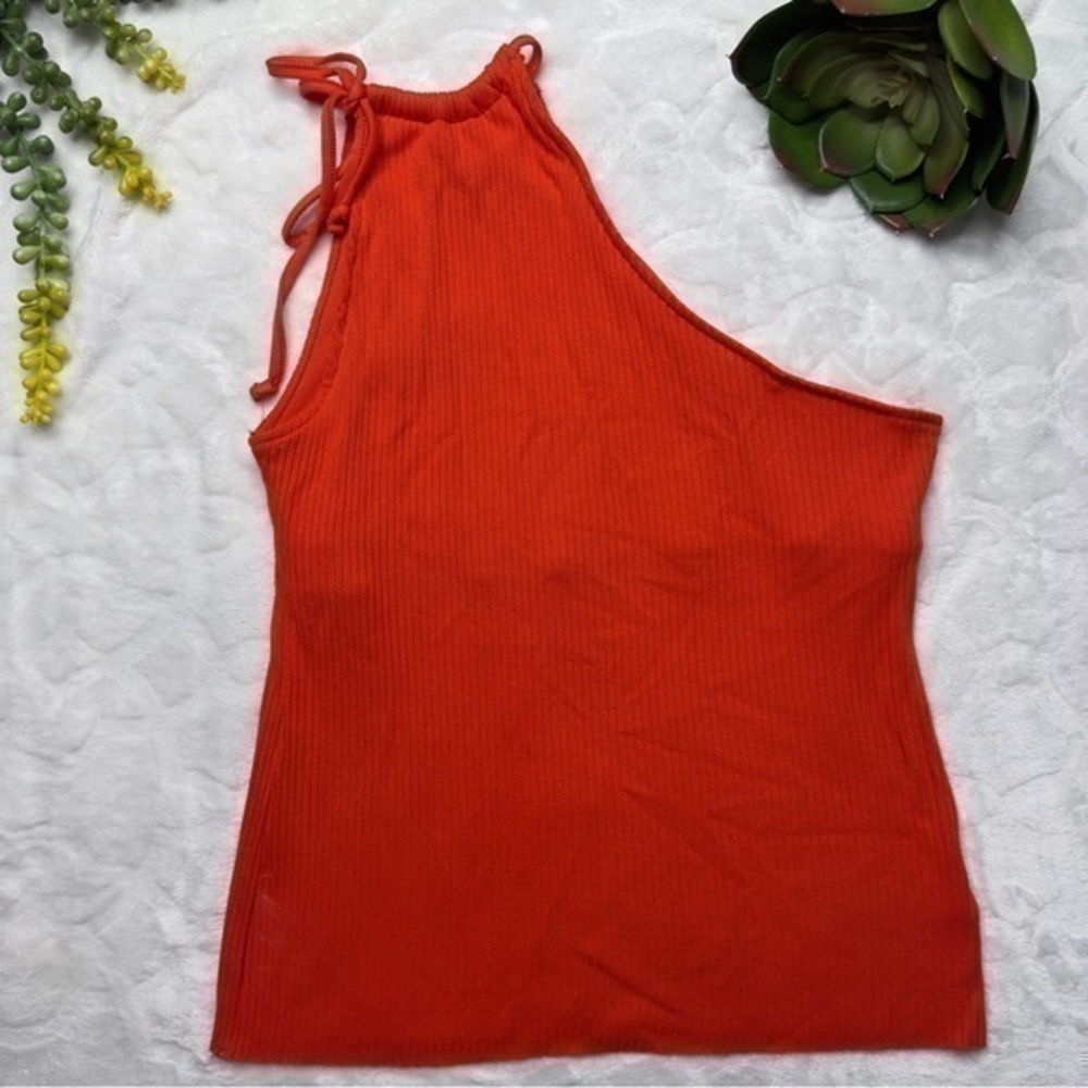The Range Alloy Rib One Shoulder Tank With Built-In Bra in Fuego Red Orange Med